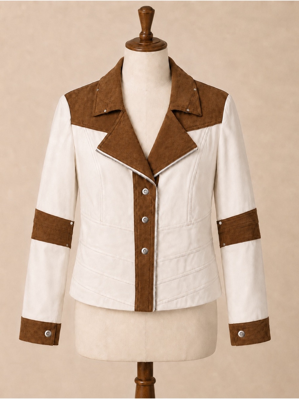 NWT Insight New York White Brown Vegan Suede Trim Colorblock Moto Jacket Size 14